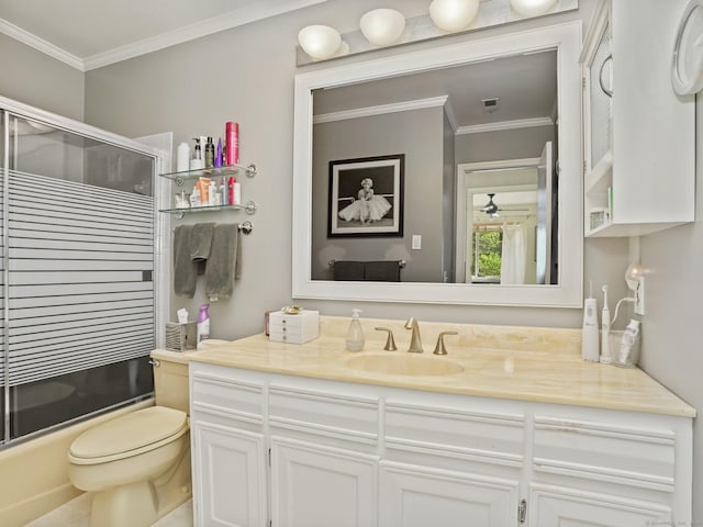 100 Wolfpit Ave Apt 19, Norwalk, CT 06851 - full bathroom featuring vanity, toilet, combined bath / shower with glass door, and crown molding