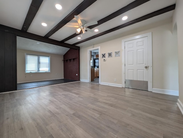 26 Westfield St, Manchester, CT 06042 - unfurnished living room with ceiling fan, beam ceiling, baseboards, light wood-style flooring, and recessed lighting