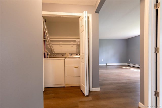 270 S Windham Rd Apt 61, Windham, CT 06226 - laundry area featuring washer and clothes dryer, dark wood-style flooring, baseboard heating, and baseboards