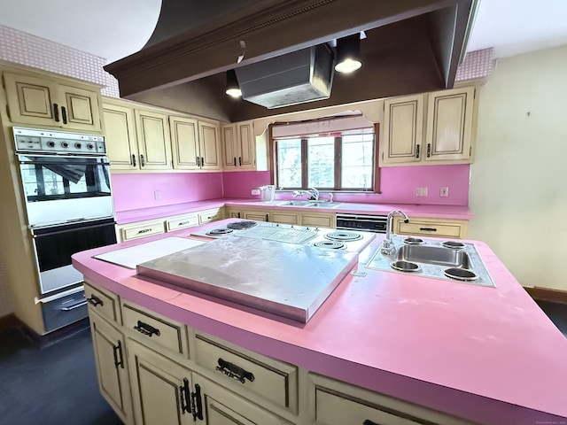 909 Randolph Rd, Middletown, CT 06457 - kitchen with a sink, white appliances, light countertops, cream cabinetry, and a kitchen island