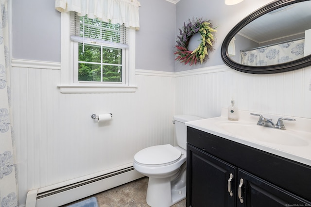 825 Copper Hill Rd, Suffield, CT 06093 - bathroom with baseboard heating, a wainscoted wall, vanity, toilet, and curtained shower