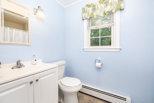 825 Copper Hill Rd, Suffield, CT 06093 - bathroom featuring a baseboard radiator, vanity, toilet, and crown molding