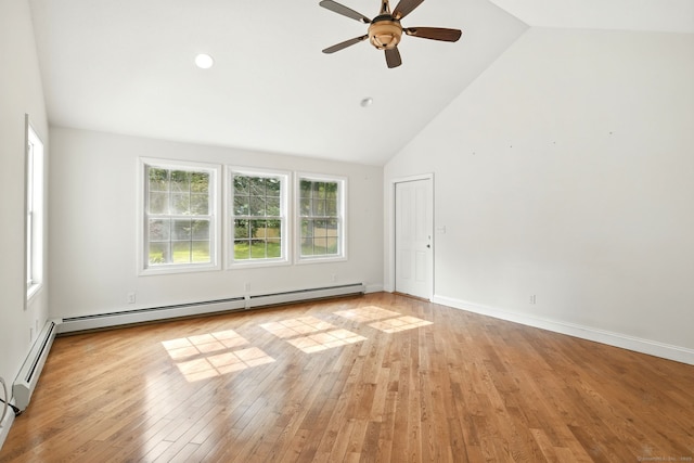 3 Birchwood Ter, Enfield, CT 06082 - spare room featuring baseboard heating, ceiling fan, light wood-style flooring, high vaulted ceiling, and baseboards