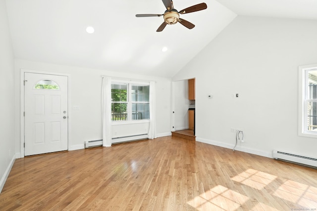 3 Birchwood Ter, Enfield, CT 06082 - unfurnished living room with baseboard heating, ceiling fan, high vaulted ceiling, light wood-style floors, and baseboards