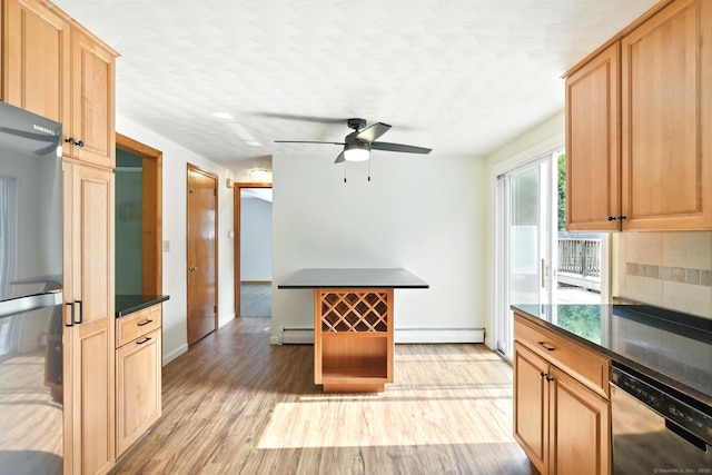 3 Birchwood Ter, Enfield, CT 06082 - kitchen featuring dishwashing machine, baseboard heating, dark countertops, ceiling fan, and a textured ceiling