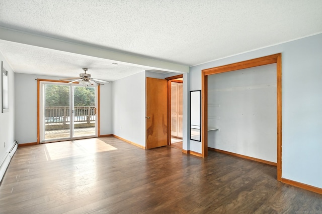 3 Birchwood Ter, Enfield, CT 06082 - spare room featuring a textured ceiling, wood finished floors, baseboards, a ceiling fan, and a baseboard radiator