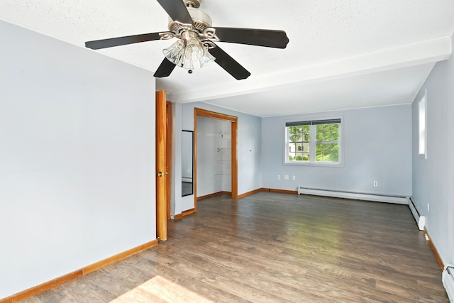 3 Birchwood Ter, Enfield, CT 06082 - empty room with a baseboard heating unit, ceiling fan, beam ceiling, wood finished floors, and baseboards