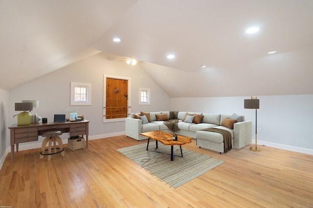 884 Black Rock Tpke, Easton, CT 06612 - living room with light wood-type flooring, a desk, lofted ceiling, baseboards, and recessed lighting