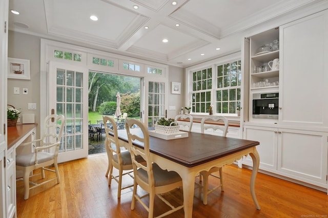 19 Father Peters Ln, New Canaan, CT 06840 - dining area with ornamental molding, coffered ceiling, light wood-type flooring, beam ceiling, and recessed lighting