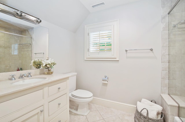 19 Father Peters Ln, New Canaan, CT 06840 - full bath with tile patterned floors, vaulted ceiling, vanity, and tiled shower
