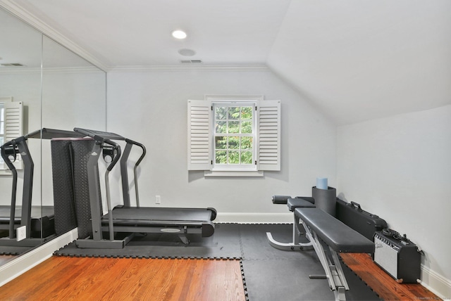 19 Father Peters Ln, New Canaan, CT 06840 - exercise area with wood finished floors, lofted ceiling, and crown molding