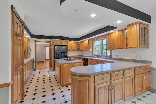 192 Palmer Rd, Chaplin, CT 06235 - kitchen with black appliances, light flooring, a peninsula, a kitchen island, and glass insert cabinets