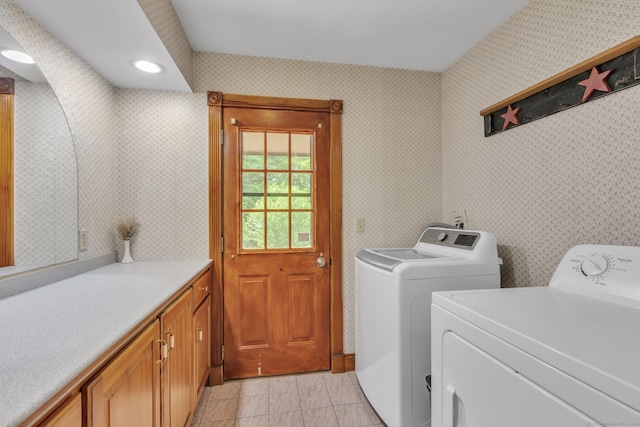 192 Palmer Rd, Chaplin, CT 06235 - laundry area with washer and clothes dryer, light tile patterned floors, and cabinet space