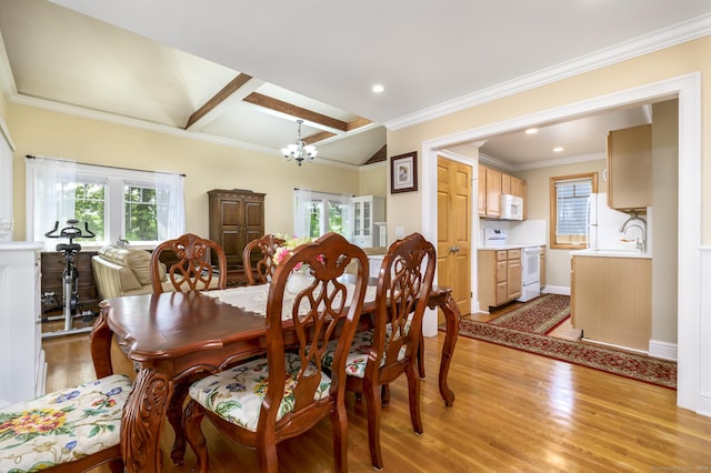 10 Dry Hill Ct, Norwalk, CT 06851 - dining area with light wood-type flooring, a chandelier, recessed lighting, baseboards, and beam ceiling