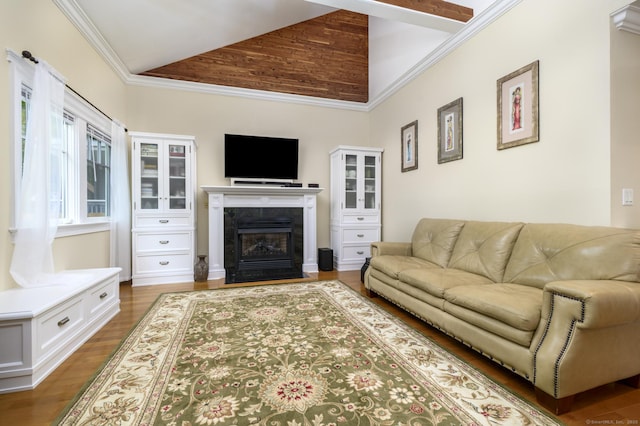 10 Dry Hill Ct, Norwalk, CT 06851 - living room with a fireplace with flush hearth, wood finished floors, ornamental molding, and high vaulted ceiling