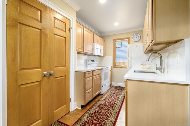 10 Dry Hill Ct, Norwalk, CT 06851 - kitchen with white appliances, a sink, crown molding, baseboards, and light wood finished floors