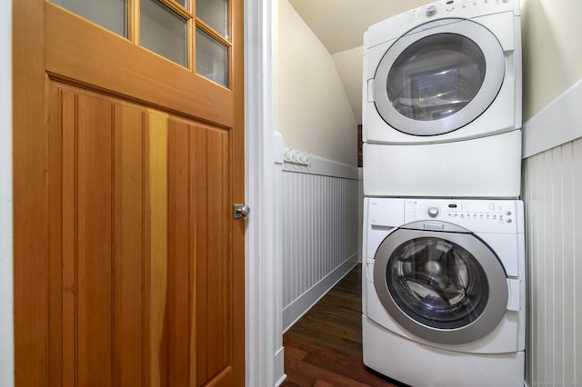 10 Dry Hill Ct, Norwalk, CT 06851 - laundry room with stacked washer / drying machine and dark wood-style flooring