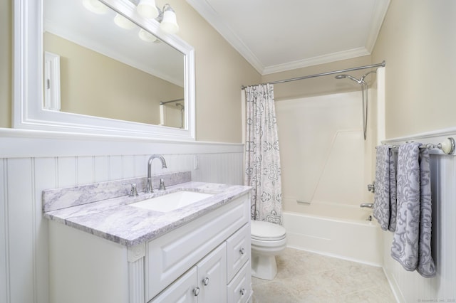 10 Dry Hill Ct, Norwalk, CT 06851 - bathroom with vanity, toilet, shower / tub combo with curtain, ornamental molding, and wainscoting