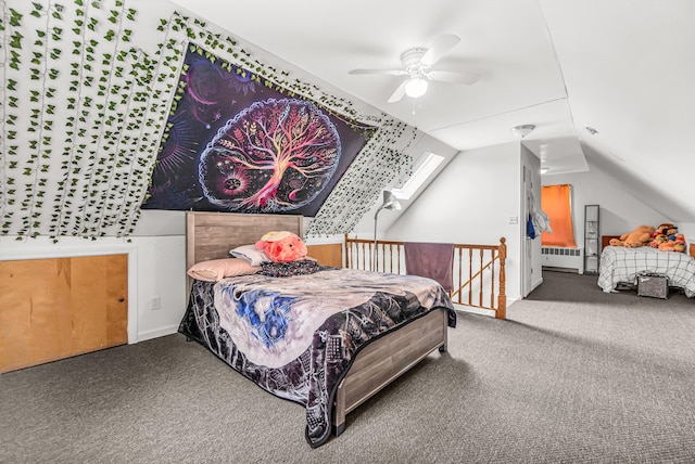 214 Thames St, New London, CT 06320 - carpeted bedroom with radiator, vaulted ceiling, and ceiling fan