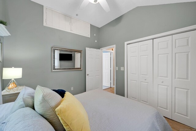 61 Pine Rd, Suffield, CT 06093 - bedroom with high vaulted ceiling, wood finished floors, a closet, and ceiling fan