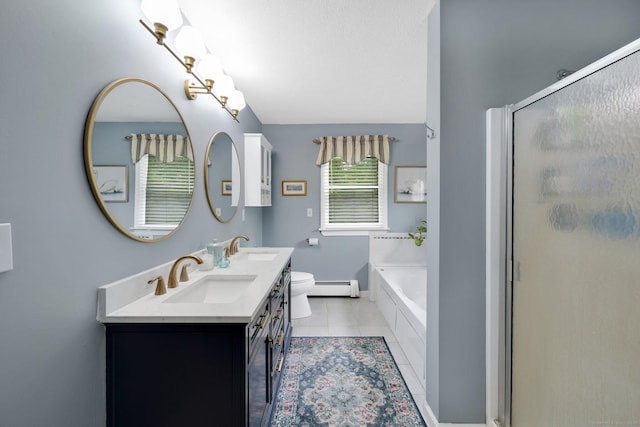 61 Pine Rd, Suffield, CT 06093 - full bathroom featuring a baseboard heating unit, double vanity, a stall shower, tile patterned floors, and a bath