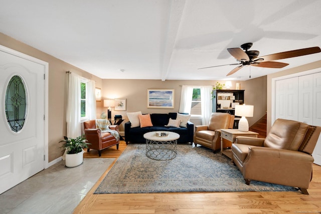 61 Pine Rd, Suffield, CT 06093 - living room with a ceiling fan, light wood-type flooring, beamed ceiling, and baseboards