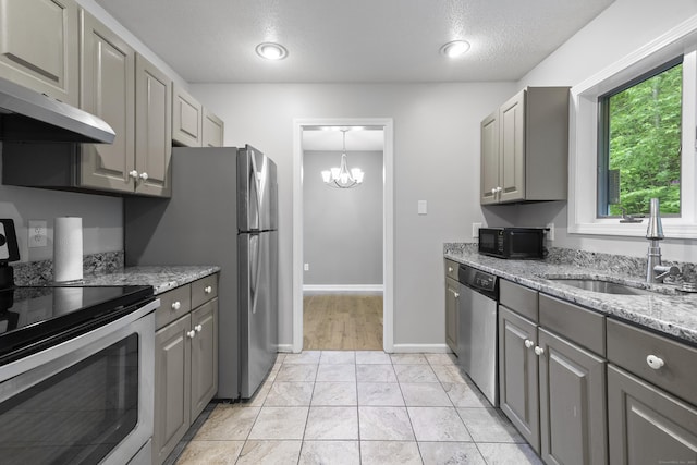 601 Whetstone Mls Unit 601, Killingly, CT 06241 - kitchen with appliances with stainless steel finishes, gray cabinets, a sink, under cabinet range hood, and a textured ceiling