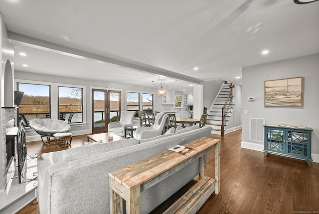 35 Knollcrest Rd, New Fairfield, CT 06812 - living room featuring stairs, baseboards, recessed lighting, and dark wood finished floors