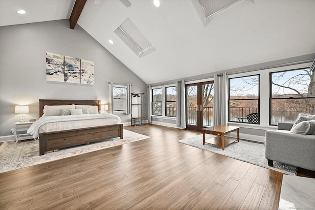 35 Knollcrest Rd, New Fairfield, CT 06812 - bedroom featuring high vaulted ceiling, beam ceiling, wood finished floors, baseboards, and access to outside