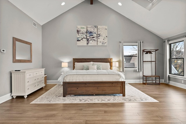 35 Knollcrest Rd, New Fairfield, CT 06812 - bedroom with high vaulted ceiling, baseboards, wood finished floors, and recessed lighting