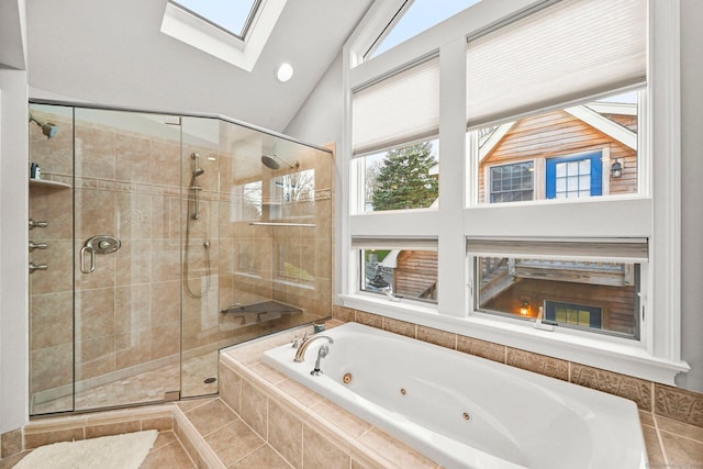 35 Knollcrest Rd, New Fairfield, CT 06812 - full bath with a skylight, a whirlpool tub, a shower stall, and vaulted ceiling