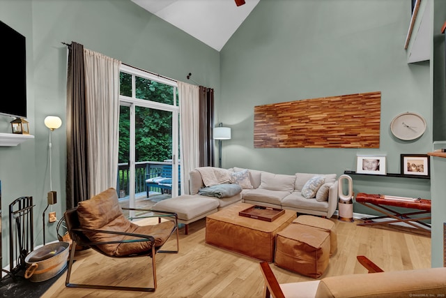 2390 State St Apt 6E, Hamden, CT 06517 - living area with high vaulted ceiling, wood finished floors, and ceiling fan