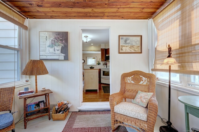 84 Kenwood Ave, Stratford, CT 06614 - living area featuring wood ceiling, healthy amount of natural light, and wood walls