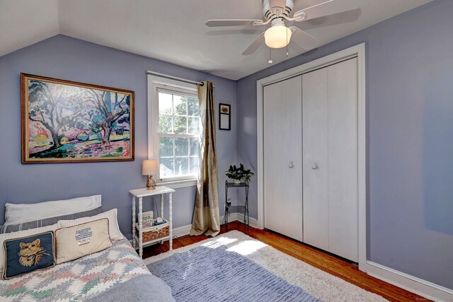 84 Kenwood Ave, Stratford, CT 06614 - bedroom featuring wood finished floors, a closet, a ceiling fan, and lofted ceiling