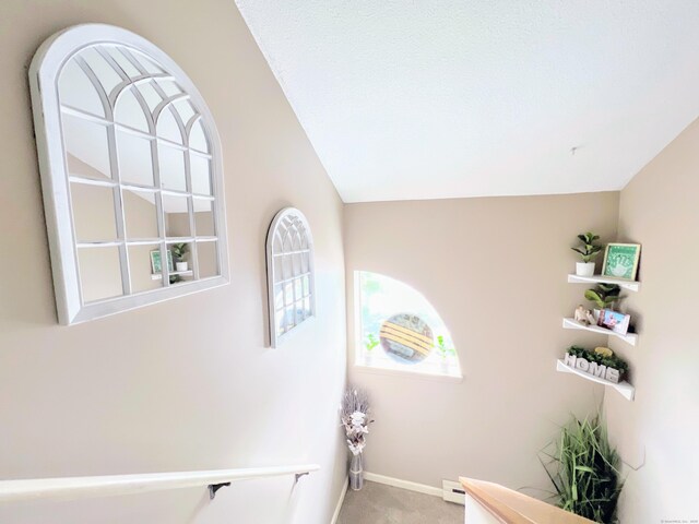 925 Oronoke Rd Unit 36G, Waterbury, CT 06708 - staircase featuring carpet floors, vaulted ceiling, baseboards, and a baseboard heating unit