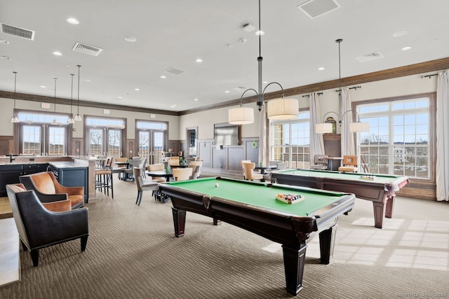302 Center Meadow Ln Unit 302, Danbury, CT 06810 - rec room featuring billiards, ornamental molding, light colored carpet, recessed lighting, and wainscoting