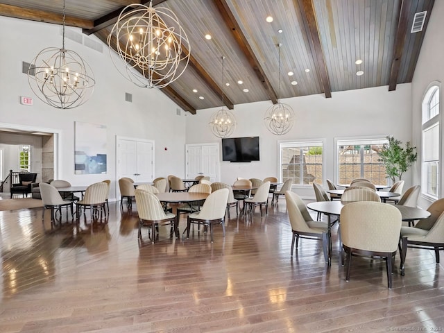 302 Center Meadow Ln Unit 302, Danbury, CT 06810 - dining room with a chandelier, high vaulted ceiling, beamed ceiling, wood finished floors, and recessed lighting