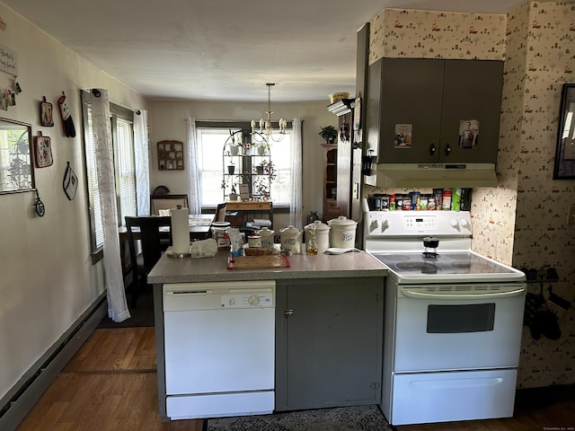 278 Scoville Hill Rd, Harwinton, CT 06791 - kitchen featuring white appliances, under cabinet range hood, dark wood-style floors, a chandelier, and wallpapered walls