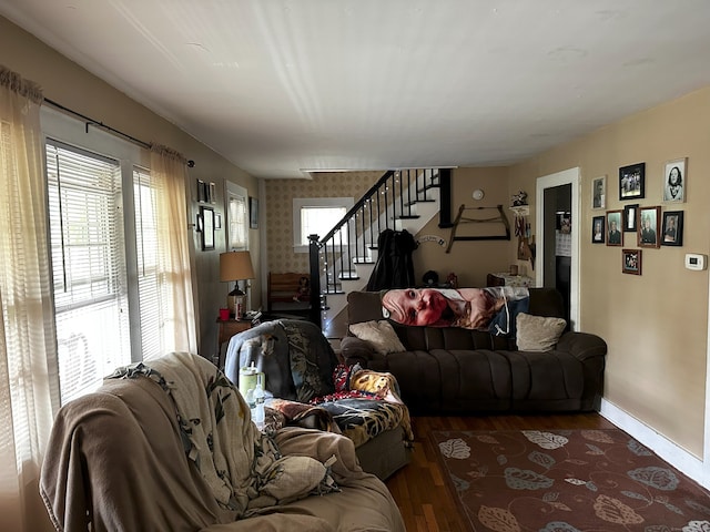 278 Scoville Hill Rd, Harwinton, CT 06791 - living area featuring stairway, wood finished floors, and baseboards