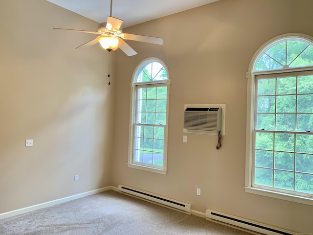 350 Bristol St Apt A3, Waterbury, CT 06708 - carpeted spare room featuring a baseboard radiator, a wall mounted AC, baseboards, and a ceiling fan