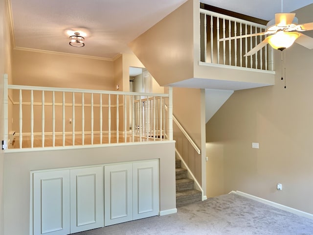 350 Bristol St Apt A3, Waterbury, CT 06708 - stairway with carpet flooring, a ceiling fan, baseboards, and ornamental molding