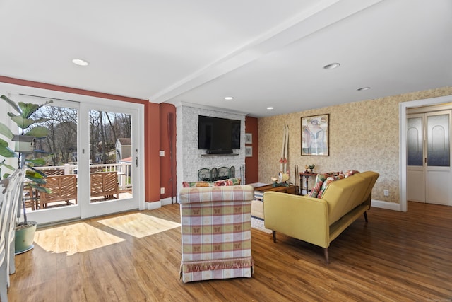 73 Lake Shore Dr, East Haddam, CT 06415 - living area featuring wood finished floors, baseboards, a fireplace, wallpapered walls, and recessed lighting