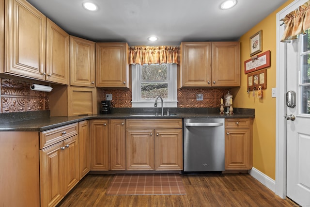 73 Lake Shore Dr, East Haddam, CT 06415 - kitchen featuring stainless steel dishwasher, a sink, dark wood-style flooring, backsplash, and recessed lighting
