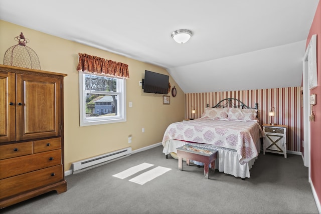 73 Lake Shore Dr, East Haddam, CT 06415 - bedroom with a baseboard heating unit, carpet, vaulted ceiling, and baseboards