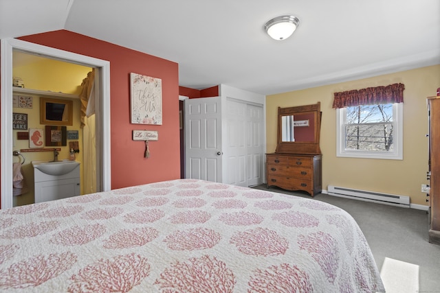 73 Lake Shore Dr, East Haddam, CT 06415 - bedroom with a baseboard radiator, a sink, carpet flooring, and a closet