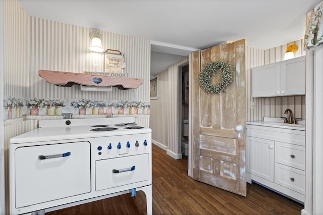 73 Lake Shore Dr, East Haddam, CT 06415 - kitchen with a sink, wallpapered walls, dark wood-type flooring, light countertops, and baseboards