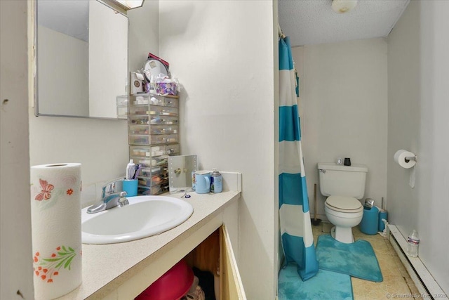 124 Main St, Sprague, CT 06330 - bathroom featuring a baseboard heating unit, vanity, a shower with curtain, and tile patterned floors
