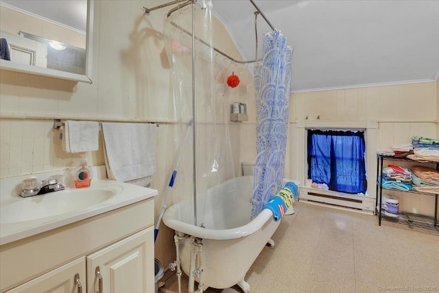 124 Main St, Sprague, CT 06330 - bathroom featuring a soaking tub, curtained shower, tile patterned floors, vanity, and ornamental molding
