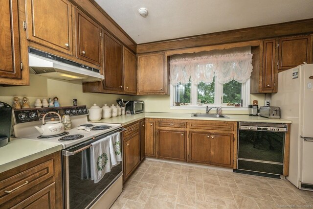 30 Dwight Rd, Middlefield, CT 06455 - kitchen featuring range with electric stovetop, black dishwasher, under cabinet range hood, a sink, and light countertops