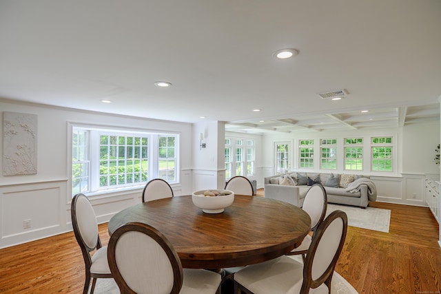 20 Copper Beech Ln, Ridgefield, CT 06877 - dining space featuring a decorative wall, wainscoting, coffered ceiling, recessed lighting, and light wood-type flooring